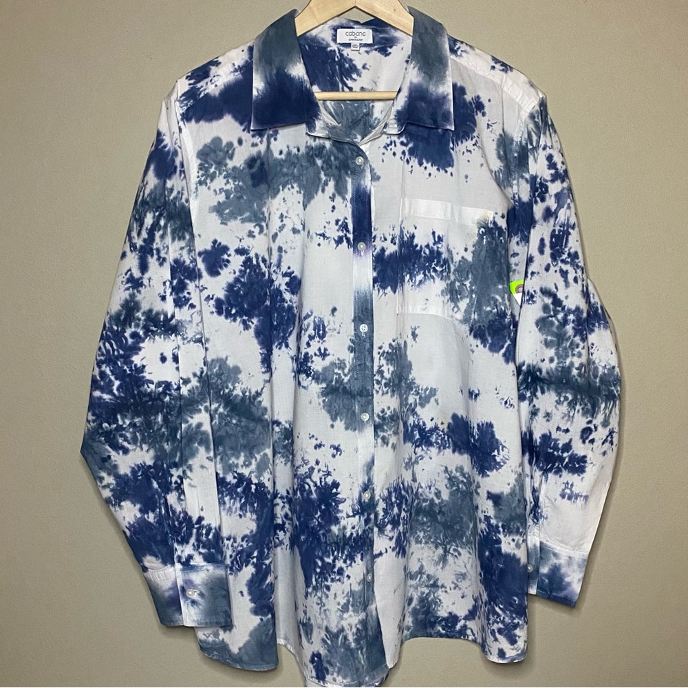 Cabana by Crown & Ivy Long Sleeve Button Front Blouse Women 2X Blue White New